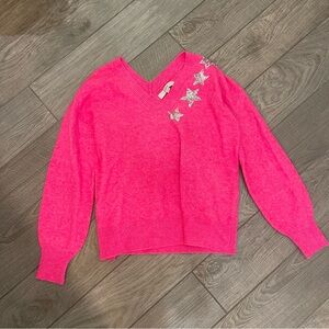 Loft Shimmer Star V Neck Sweater Striking Fuchsia